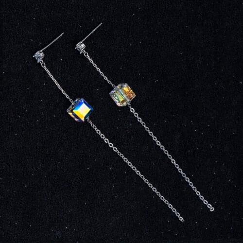 Joyashiny Genuine Crystals From Swarovski Cubic Beads Long Chain Drop Earrings Silver Color Piercing For Women Office Jewelry