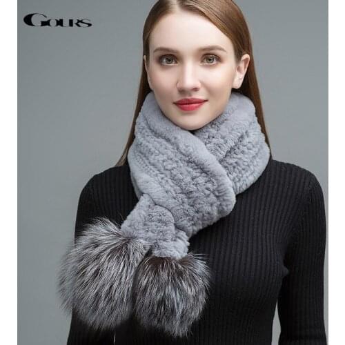 Gours Womens Real Fur Scarf Natural Rex Rabbit Fur Big Long Scarves Thick Warm Winter Fashion Silver Fox Fur Ball New GLWJ016