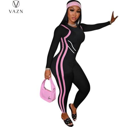 VAZN 2021 INS Autumn High Waist Regular Soft Elastic Free Tracksuits Full Sleeve Women Skinny Long Pencil Jumpsuits