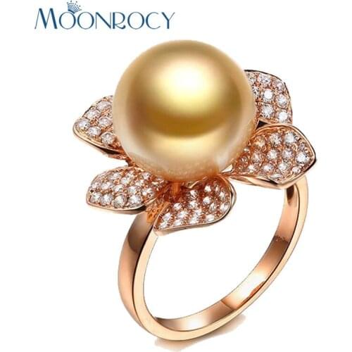 MOONROCY Rose Gold Color Imitation Pearl CZ Crystal Rings Wedding Ring for Women Girls Gift Flower Drop Party Jewelry Wholesale