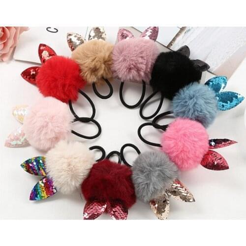 1000pcs Rabbit Fur Ball Elastic Hair Band Cute Girls Children Cat EAR POMPOM Hair Rope