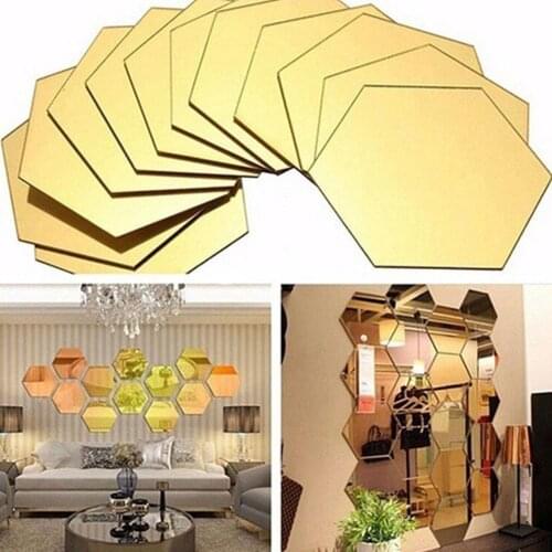 12Pcs 3D Hexagon Acrylic Mirror Wall Stickers DIY Art Wall Decor Stickers Home Decor Living Room Mirrored Decorative Sticker