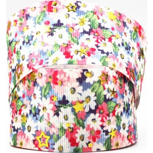 22-75mm gold foil flower printed glowing star ribbon Accessory hairbow headwear DIY handmade hair bows accessories