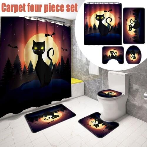 4pc Dark Cat Printing Horror Printed Bathroom Non-slip Mat Set Waterproof Durable Shower Curtain Carpet Toilet Mat Bath Mat Rug