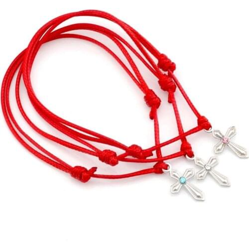 9pcs Mixed color Rhinestone Cross Charms Red Wax rope Adjustable Bracelets SL0120