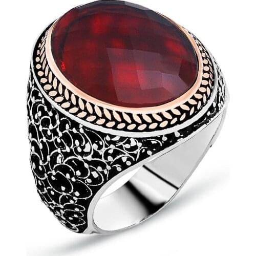 925 sterling Silver Red Zircon Stone Mens Ring
