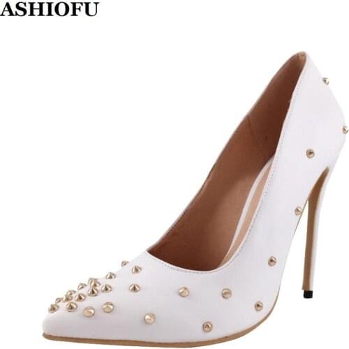 ASHIOFU Handmade Womens High Heel Pumps Rivets Spikes Office Party Dress Shoes Slip-on Evening Club Fashion Court Shoes XD351