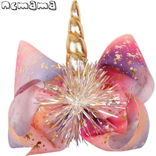 Ncmama 7 Inch Hair Bows for Girls Large Hairbow Clips with Horn Unicorn Print Grosgrain Ribbon Kids Hairgrips Hair Accessories