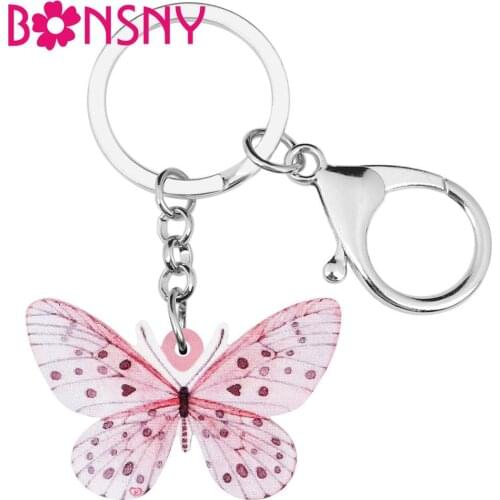 Bonsny Acrylic Pink Spot Butterfly Keychains Insect Key Ring Animal Jewelry Gift For Women Kids Handbag Wallet Accessory Charms