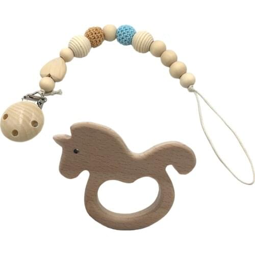 2pcs Dummy clip pacifier chain holder wood silicone crochet bead personalized baby gift beech unicorn teether and pacifier chain