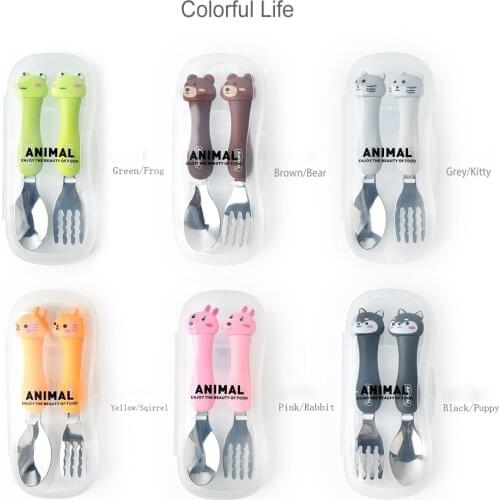 2Pcs Kids Portable Fork Spoon Travel Tableware Set Stainless Steel Dinnerware with Box Kitchen Dinner Set for Kid School Cutlery