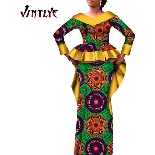 African Dashiki Bazin Dress 2 - Piece Top and High Waist Skirt Set model WY5341