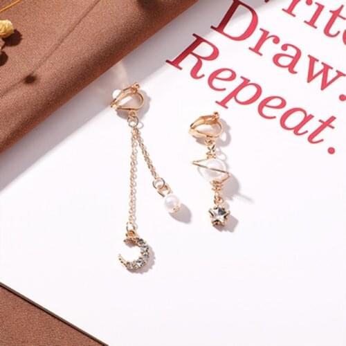 Korean blue shiny crystal Pearl geometric Women clip on Earrings contracted sweet fine fashion non piercing earrings Jewelry