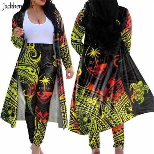Jackherelook Women 2 Piece Outfits Gradient Guam Polynesian Tribal Tattoo Turtle Print Open Front Cardigan Bodycon Pants Set