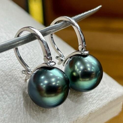 HENGSHENG Round 9-10mm Natural Ocean Tahiti Peacock Green Black Pearls Earrings ,18K White Gold Pearls Earrings Fine Jewelry