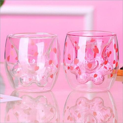 Cat Claw Cup Creative Glass Double-layer Coffee Milk Cup Cherry Blossom Powder Household Transparent Insulation Glass Water Cup