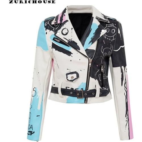 ZURICHOUSE Punk Rock PU Leather Jacket Women Short Slim Personality Hit Color Graffiti Print Outwear Locomotive Coat Female