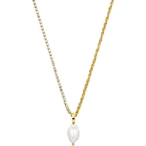 Mavis Hare Stainless Steel Natural Pearl Elua Chain Necklace Half CZ Crystal Chain Half Wai Chain as Aloha Beach Girl Gift