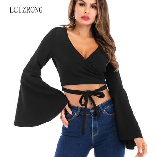 Fashion Bandage Flare Sleeve Tshirt Women Sexy V Neck Crop Top Long Sleeve Black White Short T Shirt Female Plus Size
