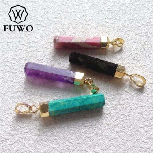 FUWO Fashion Hexagonal Column Quartz Pendant With 24K Gold Filled Cap Raw Amethysts Labradorite Pendants Jewelry Wholesale PD206
