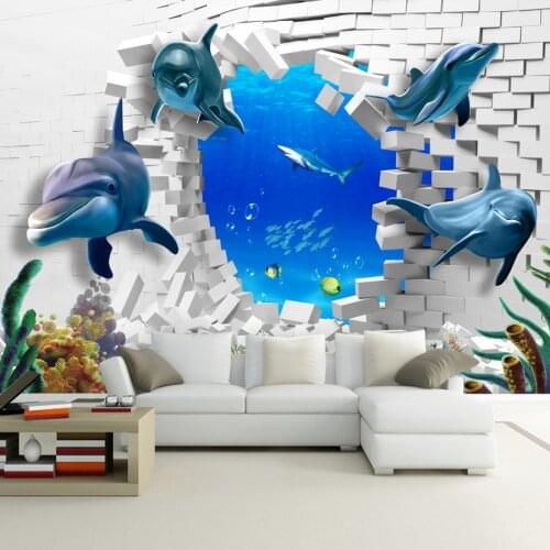 Custom Mural Wallpaper 3D Stereo Dolphins Broken Wall Paper For Kids Bedroom Living Room 3D Room Landscape Mural Papel De Parede