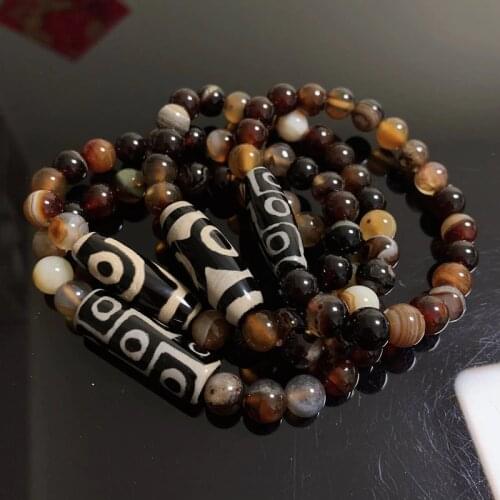 Natural Tibetan Dzi Agates Bracelets Reiki Healing Gems Stone Buddha Prayer Three Eye Nine-eyed Charm Coffee Agat Bracelets Male