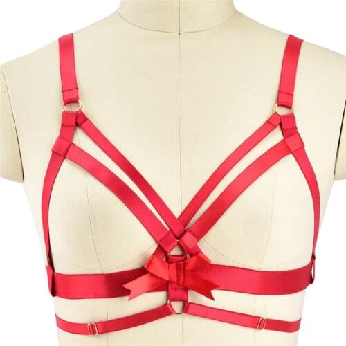 Wholesale Red Bow Bra Pastel Goth Body Cage Women Bondage Sexy Lingerie Hollow Pole Dance Rave Strap Adjust Cage Bra