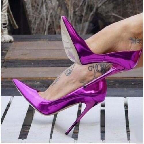 Sexy Fluorescent Mirror Leather High Heel Pumps 12CM Stiletto Heels Patent Leather Shallow Dress Shoes Glossy Wedding Heels