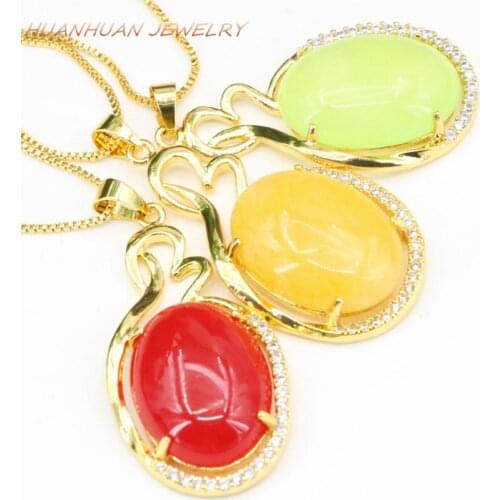 19x36mm Stainless Steel Drop Chain Pendant Natural Stone Jades Chalcedony Zircon Gold-Color Choker Pendants & Necklaces B3340