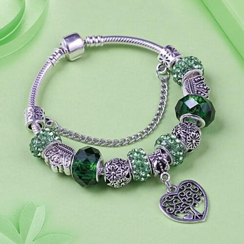 2019 New Arrival Green Glass Diy Charms an Bracelet Antique Tibetan Silver Jewelry Tree of Life Bead Bracelet ulseira Feminina