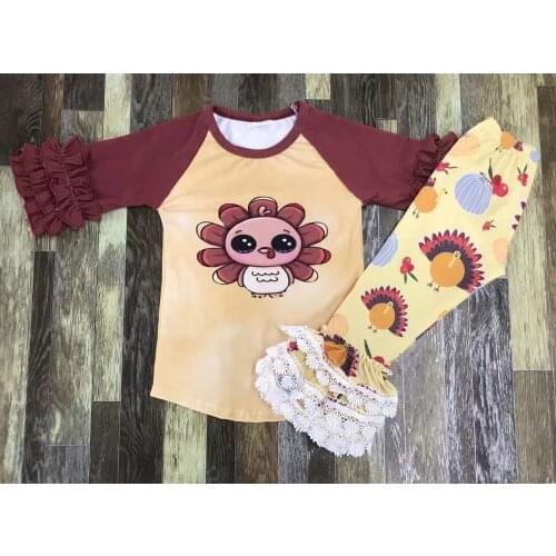 Casual Autumn cute turkey pattern toddler baby girls clothing sets for baby