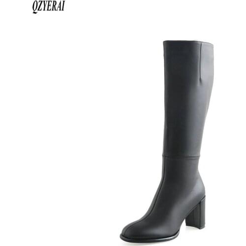 QZYERAI The knee boots Genuine leather Female boots Womens boots Autumn winter High heels Womens shoes Size 34-43