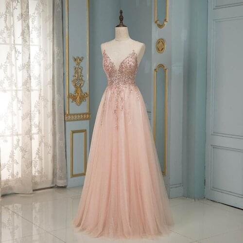 Sexy Blush Pink Long Prom Dresses Spaghetti Straps Glitter Tulle Sequined Beads Backless Evening Gowns YQLNNE