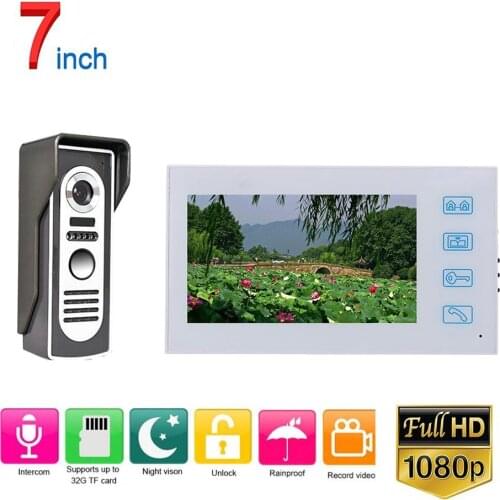 White Video Intercom System Kit 7 inch Record Wired Video Door Phone Doorbell Intercom System with HD 1080P Camera