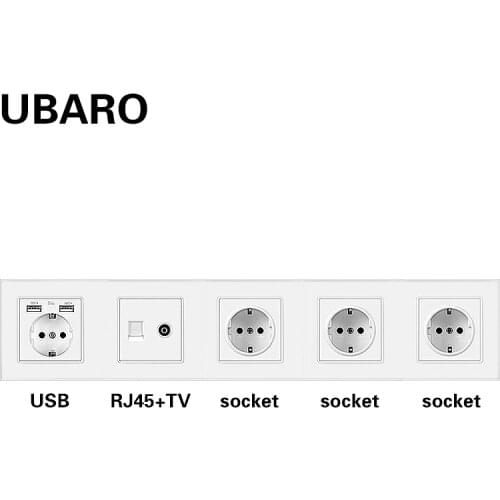 UBARO German Standard Crystal Glass Panel Wall Socket With RJ45 RJ11 TV Sigal Terminals Plug Sockets Home Outlet AC100-250V 16A