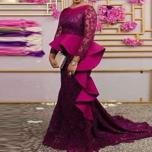 Fuchsia Evening Dresses Peplum Lace Sleeve vestido de fiesta de boda African Mermaid Evening Dress Applique vestidos longo