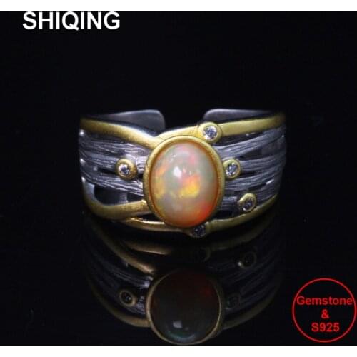 SHIQING Boutique real nature opal vintage silver open ring for man