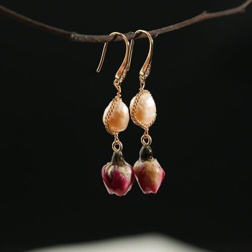 2019 Vintage Gold Color Natural Pearl Drop Earrings for Woman Pearl Dangle Earrings for Wedding Jewelry Lapis Lazuli / Flower