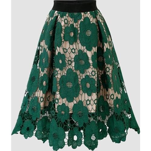 Womens Lace Flowers Skirt Europe and America New Retro A-line Long Skirt Elegant Elastic Waist Lace Hollow Skirts Falda ML368