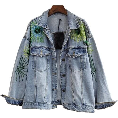 Autumn Fashion Beading Sequins Flowers Denim Jacket Coat Women Loose Short Outerwear Chaquetas Mujer Casual Jeans Jacket Female