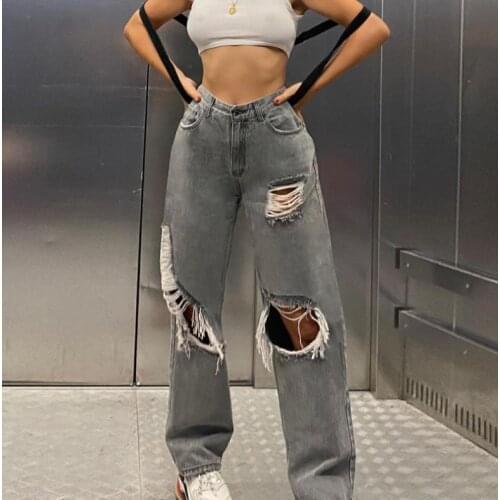 Ladies KoreanJeans Fashion Solid Color High-Waisted Irregular Lapel Denim Trousers with Pockets Holes for Straight High Jeans