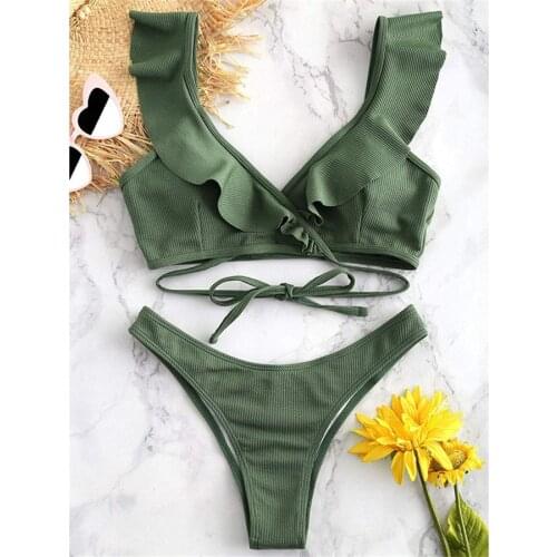 2020 Swimwear Women Halter Push Up Bikini Set Sexy Ruffle edge Swimsuit Bandage Swimming Suit Brazilian Biquini Female Beachwear