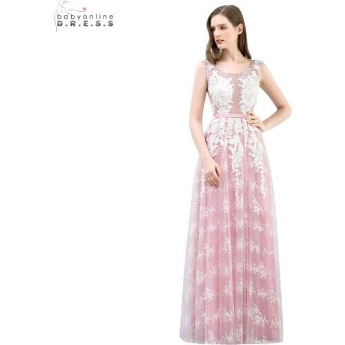 24 Hours Shipping PInk Lace Long Evening Dress Sexy Backless A-line Appliques Evening Party Dresses Robe De Soiree