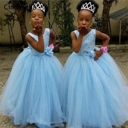 Cinderella Baby Blue Hand Made Flower Soft Tulle Flower Girls Dresses Zipper Back Crystal Little Girl Party Gowns