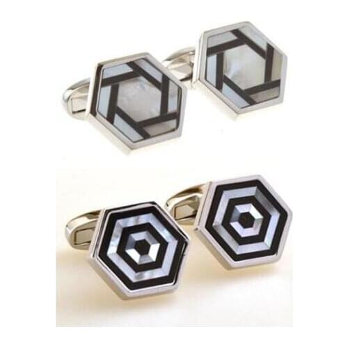 10pairs/lot Handmade Hexagon Onyx Pearl Shell Cufflinks Quality Sea Shell Glass Cuff Link 2 Patterns Mens Jewelry