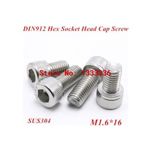 100pcs M1.6*16 Hex socket head cap screw, DIN912 304 stainless steel Hexagon Allen cylinder bolt, cup screws
