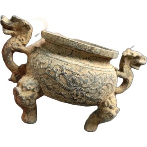 Antique bronze collection bronze ware Kangxi double dragon tripod stove