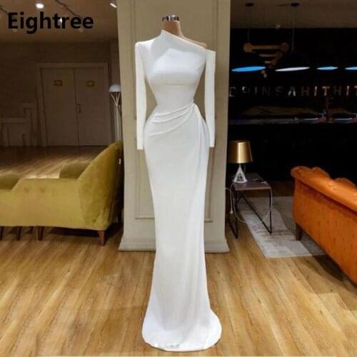 Eightree White Evening Dresses Simple One Shoulder Long Sleeves Mermaid Women Party Gowns Arabic Special Occasion Dress