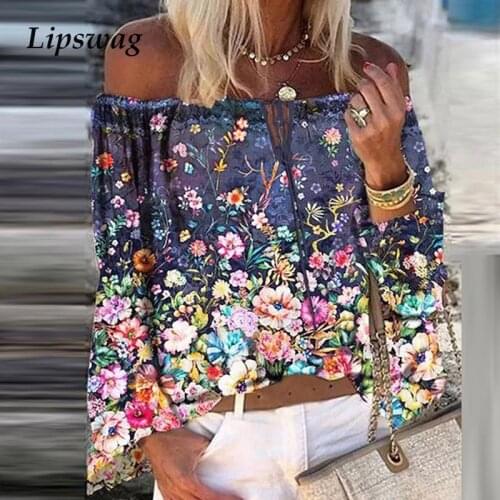 Retro Lace-up Tassel Off Shoulder Blouse Shirt Women Autumn Floral Print Flare Long Sleeve Tops Ladies Sexy Slash Neck Blouses