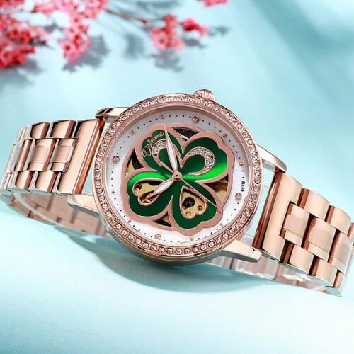 New Womens Automatic Watch Luxury Brand Mechanical Waterproof Stainless Steel Fashion four-leaf clovers Lucky Gift Wristwatch